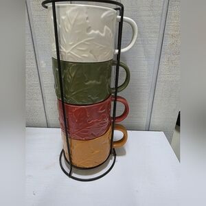 Leaf Pattern Stacking Mugs Set with Stand